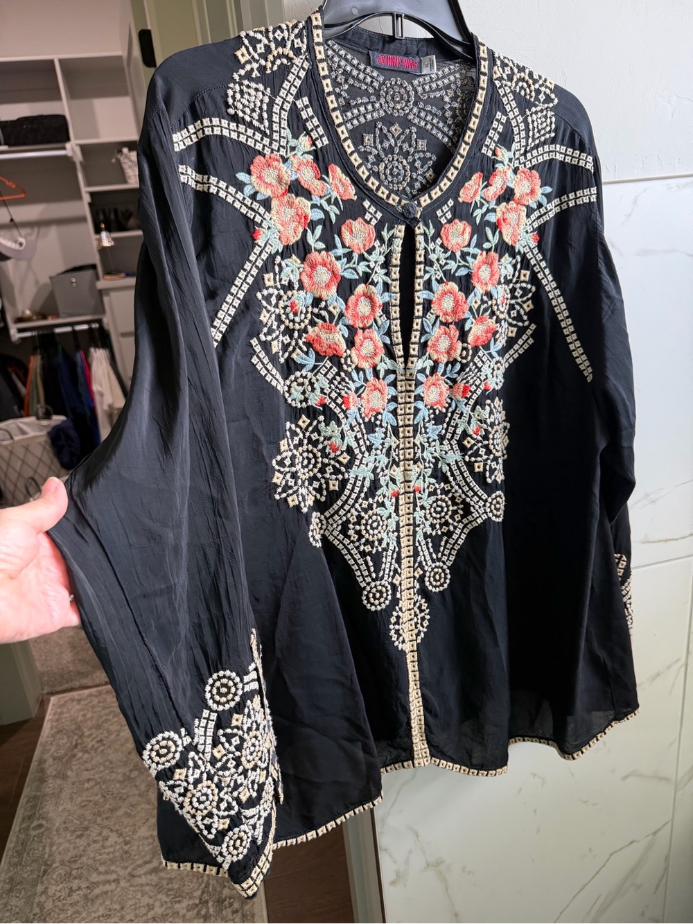 Johnny Was Black Blouse with Coral Floral Embroidery - Picture 2 of 8
